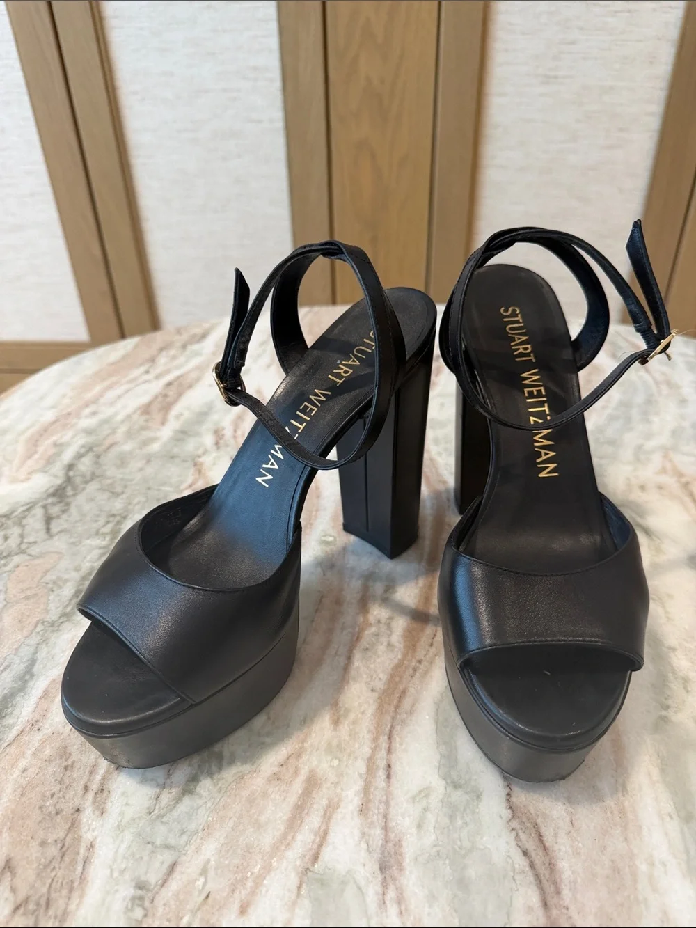 Stuart Weitzman Black Leather Platform Block-Heel Sandals